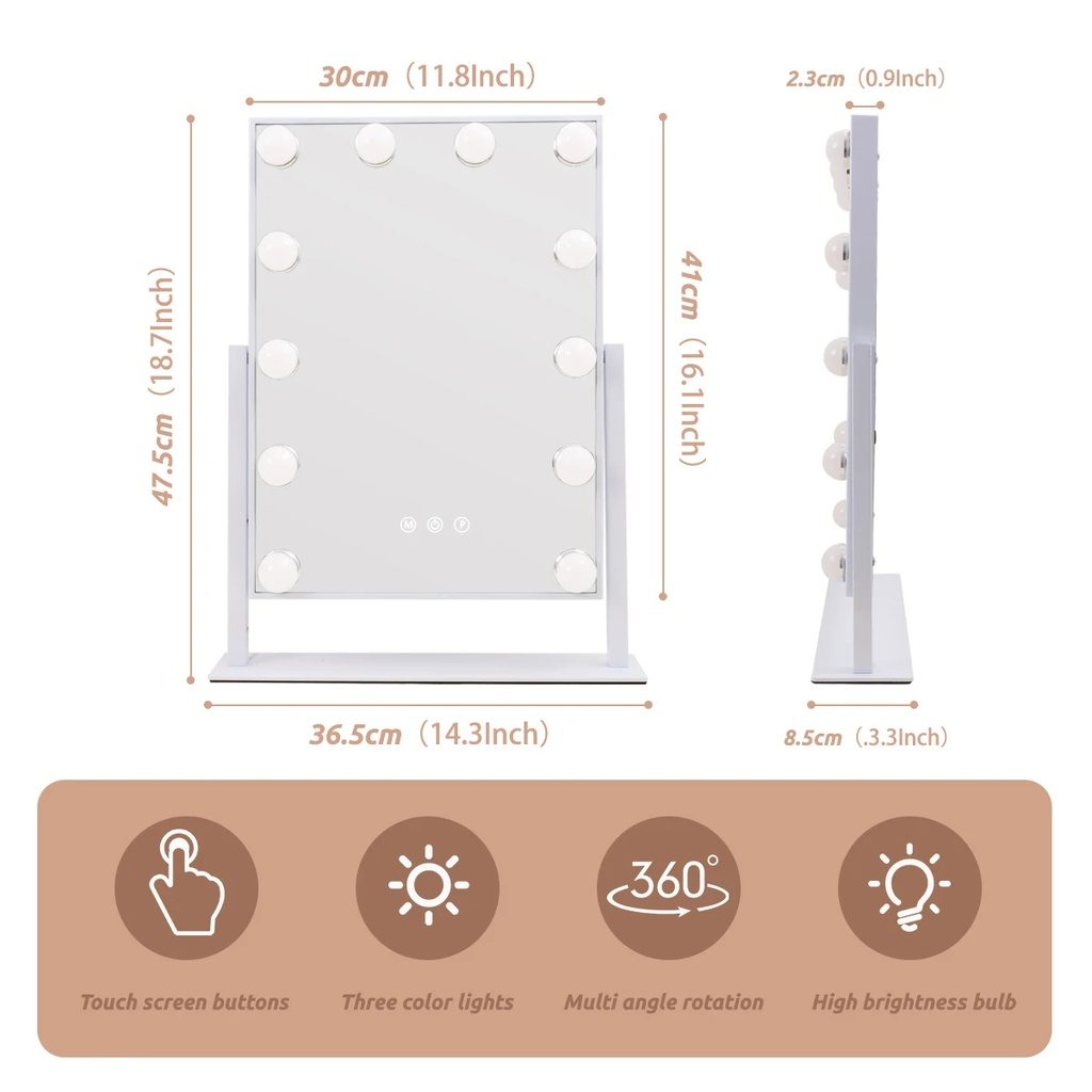7MD LED Lamp Makeup Mirror with Lights 12 Lamp Dimmable Bulbs, 360 Rotation 3 Color Mode Smart Touch Control Mirrors