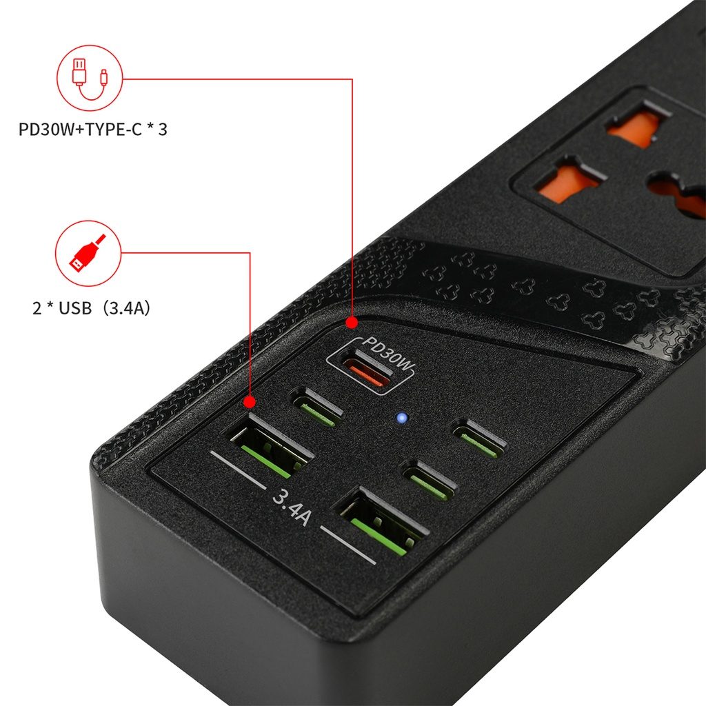 7MD Power Socket 4-Outlet, Power Extension Socket (USB*2+Type-C*4) 3000W