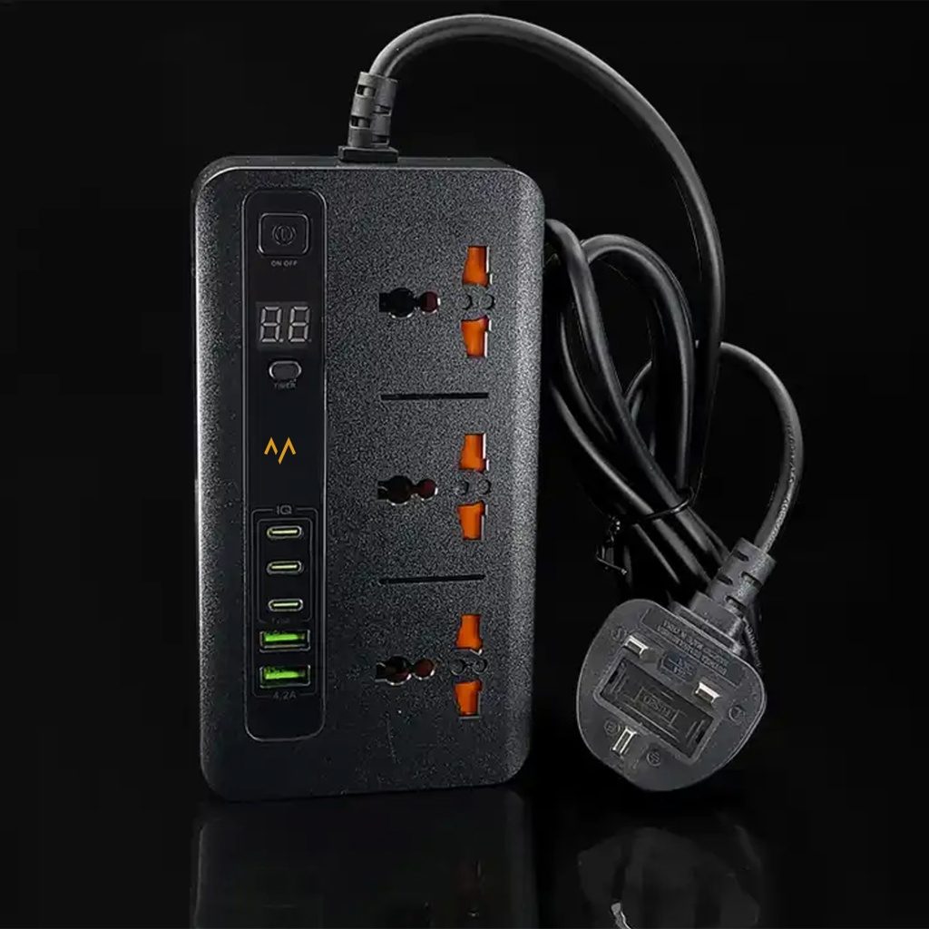 7MD Power Socket, 3-Outlet, Power Extension Socket With Digital Timer, (USB*2+Type-C*3), 3000W 2M, Model:7MD04