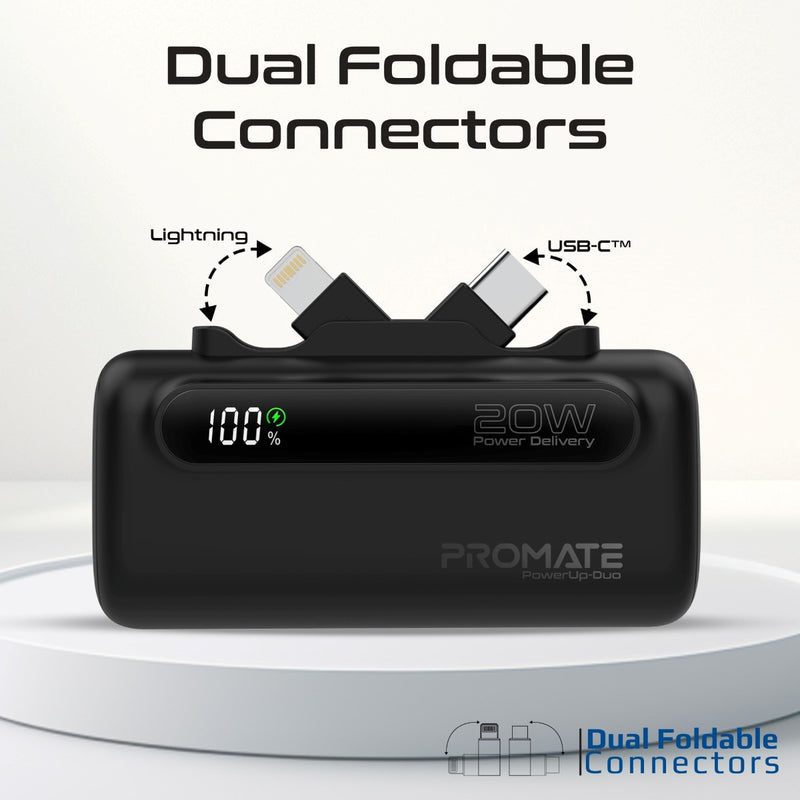 Promate Ultra-Compact Fast Charging Power Bank with Dual foldable USB-C™ & Lightning Connectors 20W, 5000mAh | PowerUp-Duo |
