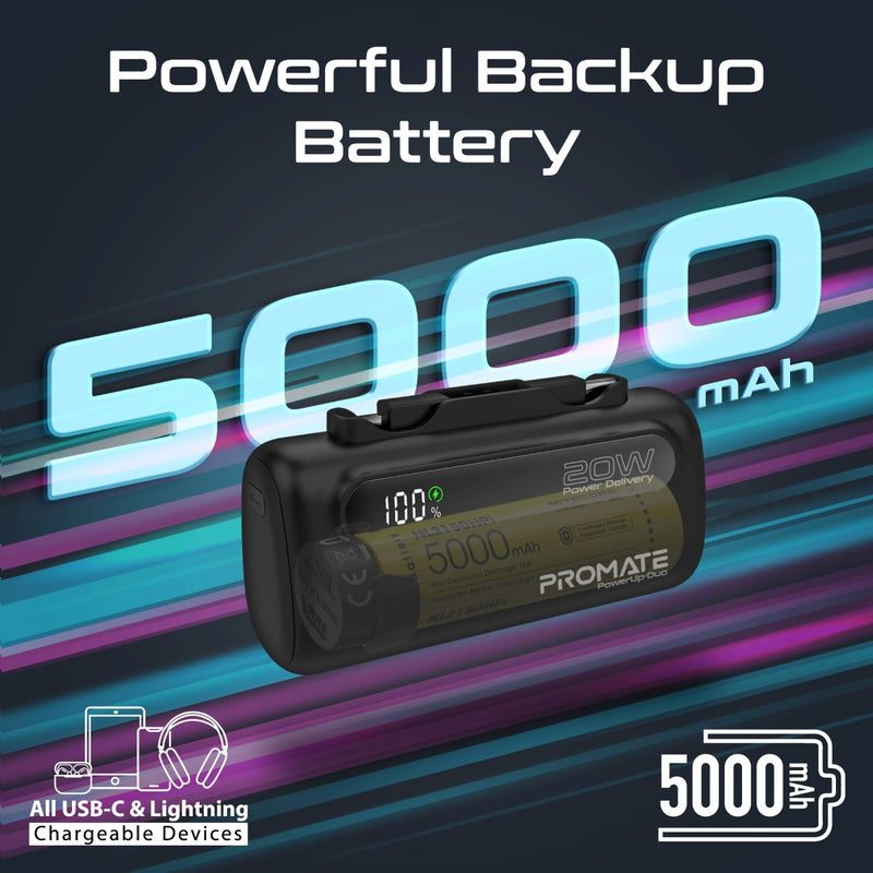 Promate Ultra-Compact Fast Charging Power Bank with Dual foldable USB-C™ & Lightning Connectors 20W, 5000mAh | PowerUp-Duo |