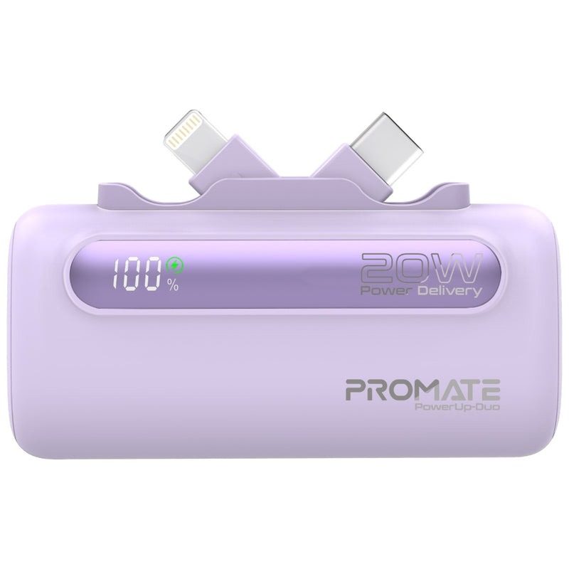Promate Ultra-Compact Fast Charging Power Bank with Dual foldable USB-C™ & Lightning Connectors 20W, 5000mAh | PowerUp-Duo |
