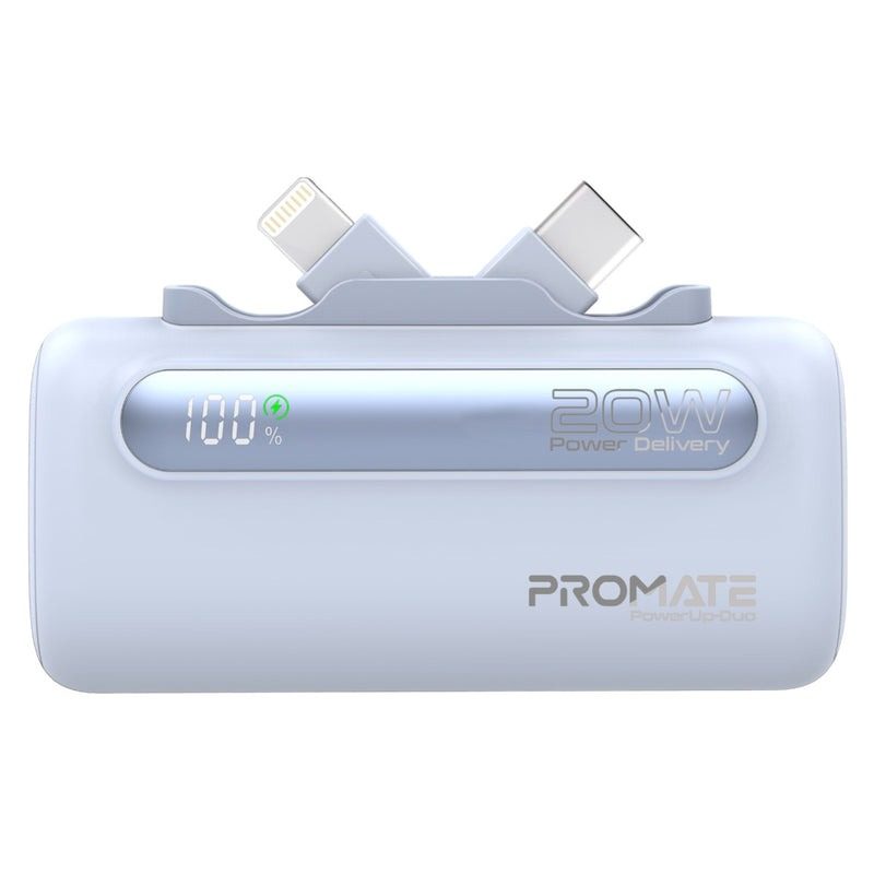 Promate Ultra-Compact Fast Charging Power Bank with Dual foldable USB-C™ & Lightning Connectors 20W, 5000mAh | PowerUp-Duo |