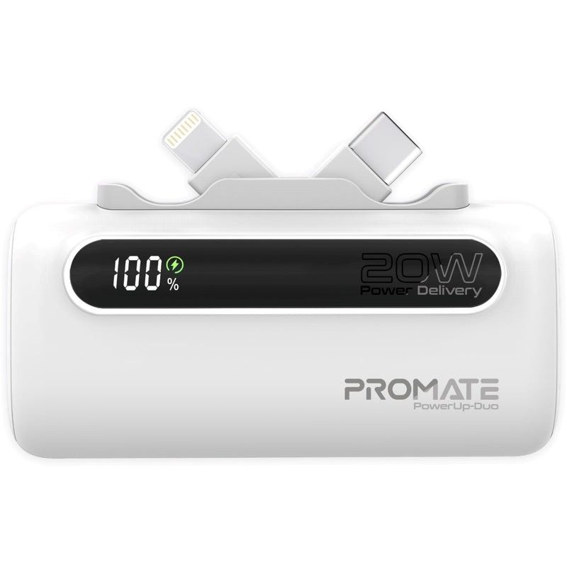 Promate Ultra-Compact Fast Charging Power Bank with Dual foldable USB-C™ & Lightning Connectors 20W, 5000mAh | PowerUp-Duo |