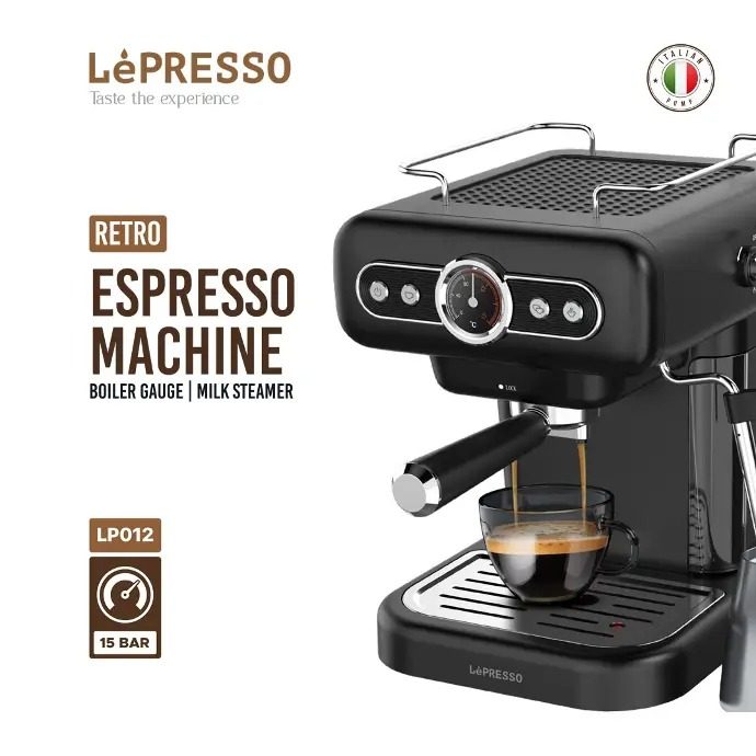 LePresso Retro Espresso Boiler Machine Gauge and Milk Steamer with 15 Bar Ulka Pump 950W Rated Power an 1.2 Liter Water Tank Capacity | LPCFFM0012 |