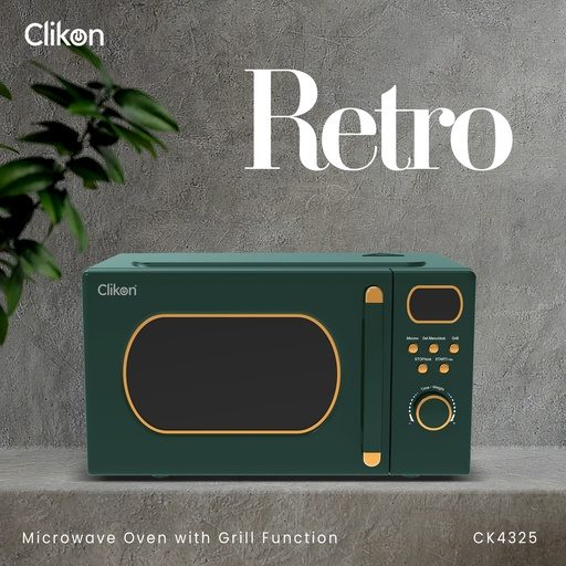 [8984] CLIKON RETRO MICROWAVE OVEN WITH GRILL FUNCTION, DIGITAL CONTROLS, EXPRESS COOKING, PULL HANDLE DOOR, 255 MM GLASS TURNTABLE AND MULTIPLE POWER LEVELS 22 L (CK4325)